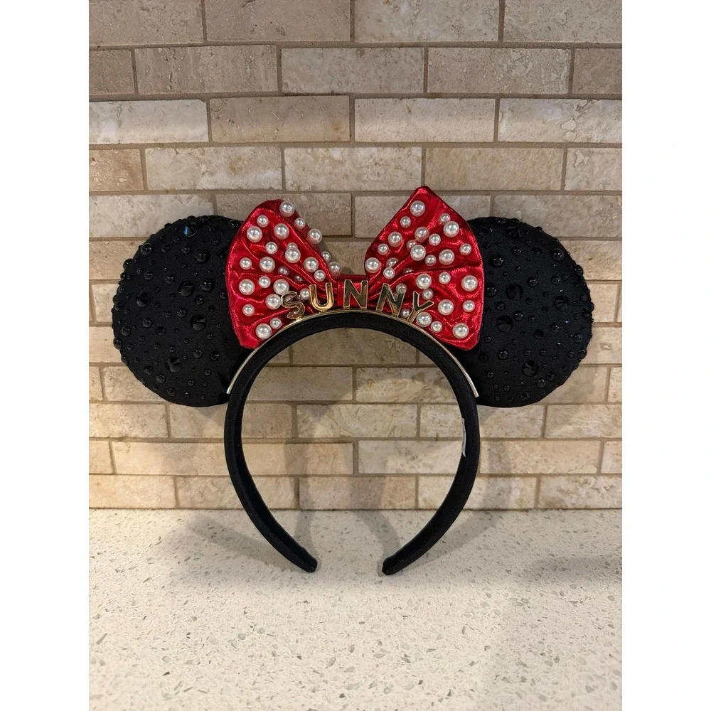 Disney BaubleBar Pearl Minnie Mouse Ears Red Bow Black Headband sunny
